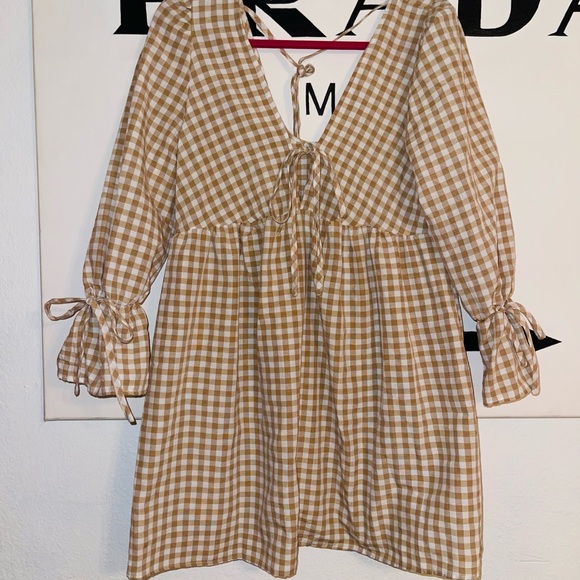 Brown Gingham Dress with Tie Front - Picture 2 of 3